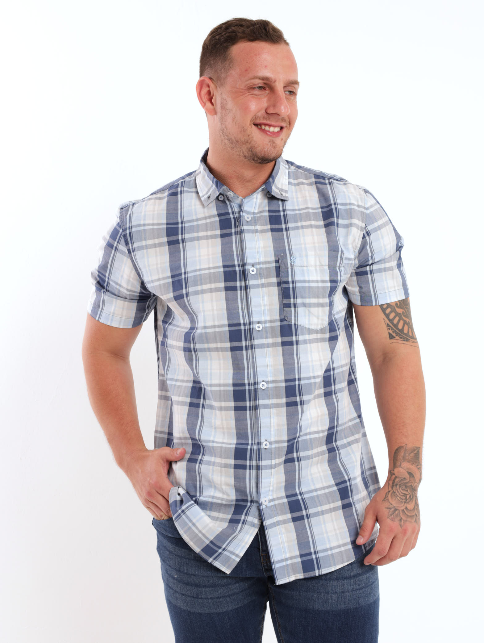 Men's Short Sleeve Check Shirt - Blue