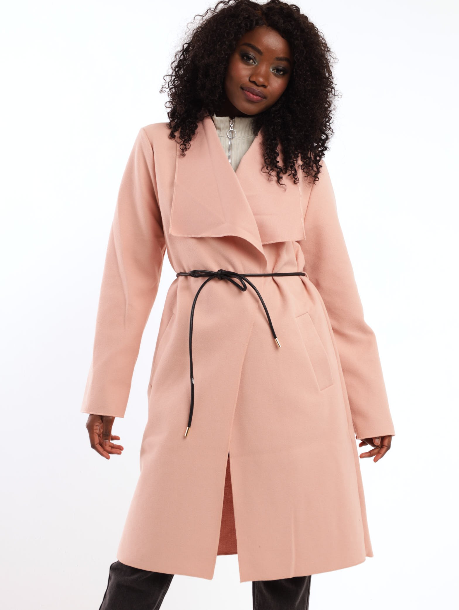 Ladies PU Belted Unlined Melton Jacket - Light Pink